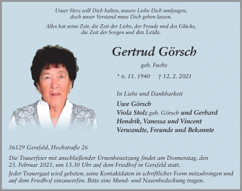 Traueranzeige von Gertrud Görsch von FZ