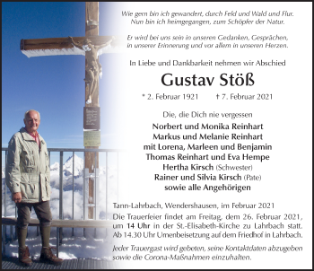 Traueranzeige von Gustav Stöß von FZ
