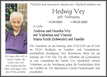 Traueranzeige von Hedwig Vey von FZ