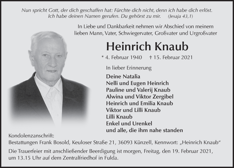  Traueranzeige für Heinrich Knaub vom 18.02.2021 aus FZ