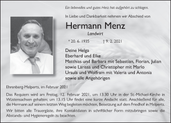 Traueranzeige von Hermann Menz von FZ