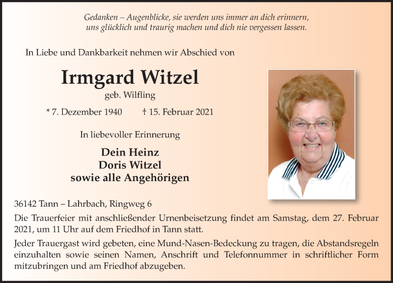  Traueranzeige für Irmard Witzel vom 24.02.2021 aus FZ