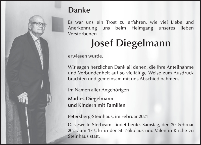  Traueranzeige für Josef Diegelmann vom 20.02.2021 aus FZ