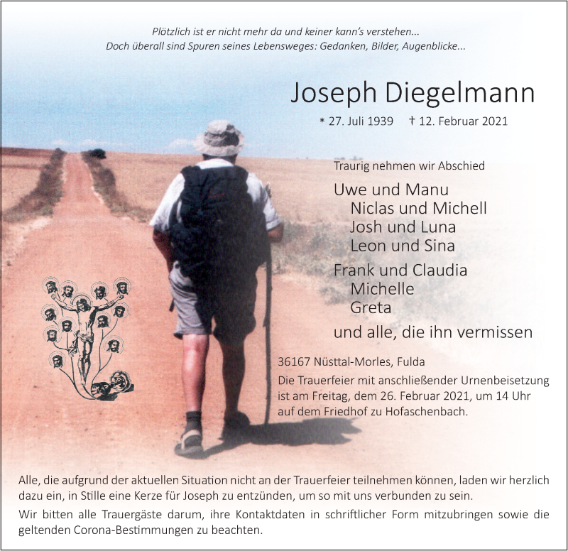 Traueranzeige für Joseph Diegelmann vom 20.02.2021 aus FZ