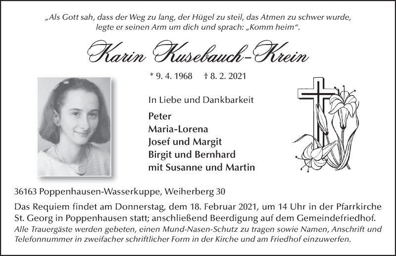  Traueranzeige für Karin Kusebauch-Krein vom 17.02.2021 aus FZ