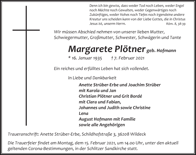  Traueranzeige für Margarethe Plötner vom 10.02.2021 aus FZ