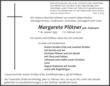 Traueranzeige von Margarethe Plötner von FZ