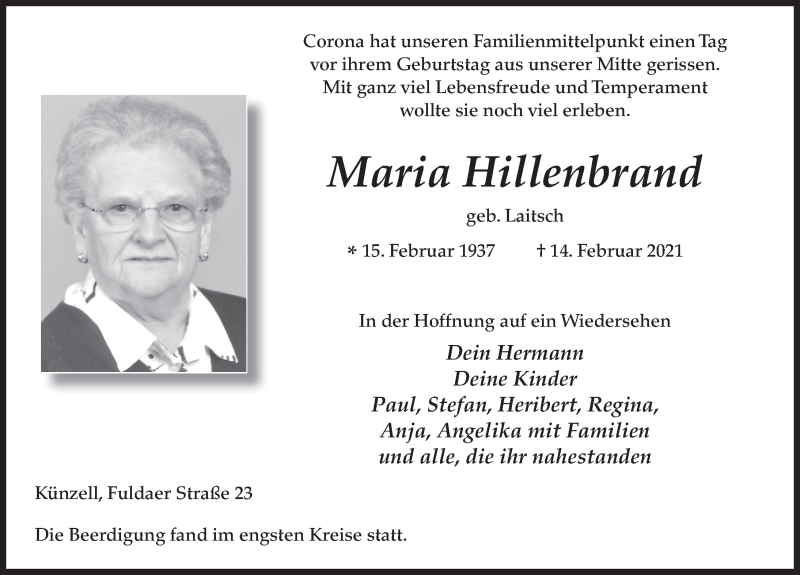  Traueranzeige für Maria Hillenbrand vom 20.02.2021 aus FZ