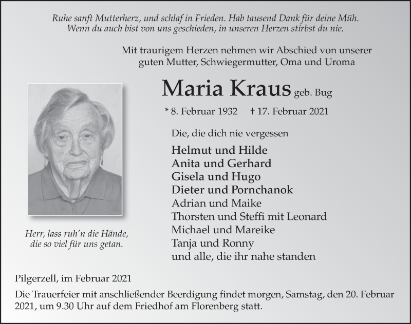  Traueranzeige für Maria Kraus vom 19.02.2021 aus FZ