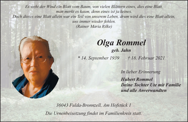  Traueranzeige für Olga Rommel vom 24.02.2021 aus FZ