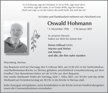 Traueranzeige von Oswald Hohmann von FZ