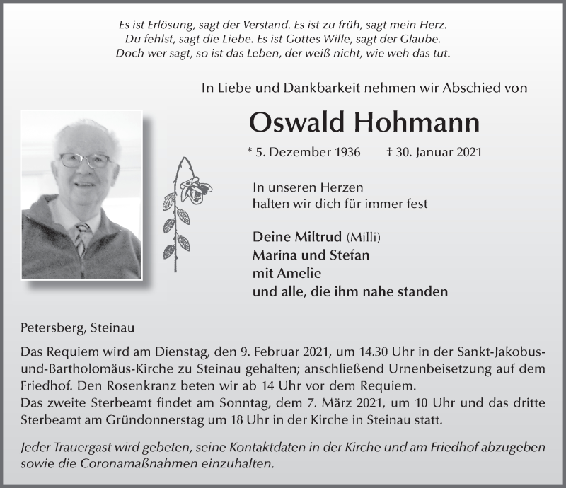  Traueranzeige für Oswald Hohmann vom 06.02.2021 aus FZ