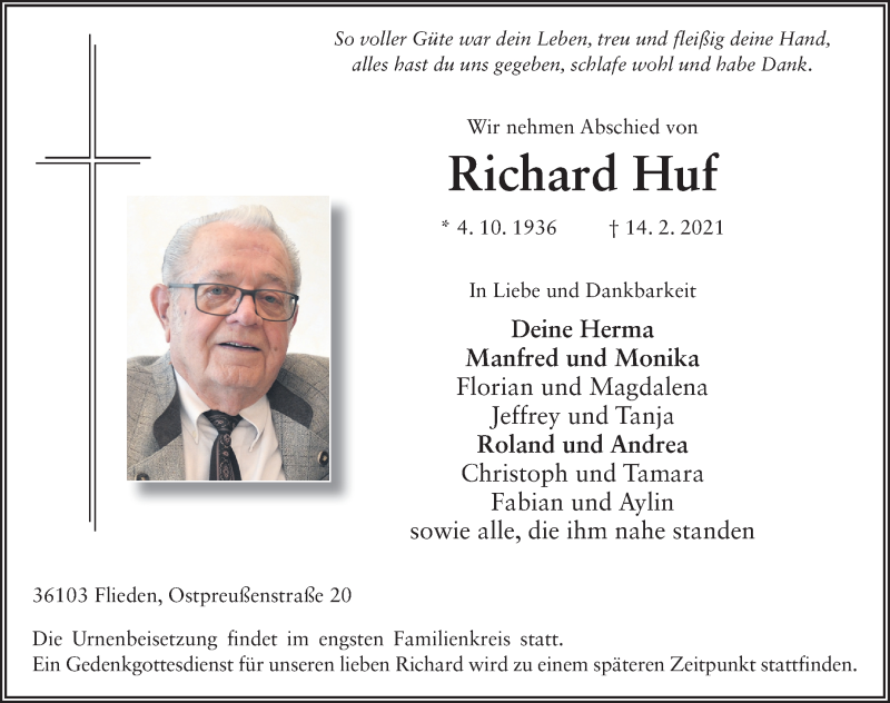  Traueranzeige für Richard Huf vom 19.02.2021 aus FZ