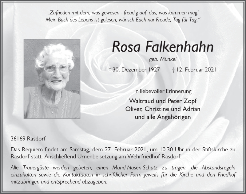  Traueranzeige für Rosa Falkenhahn vom 25.02.2021 aus FZ