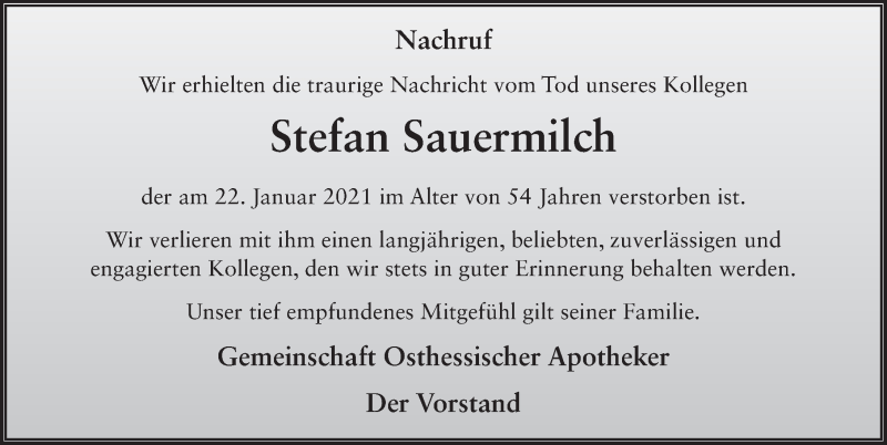  Traueranzeige für Stefan Sauermilch vom 06.02.2021 aus FZ