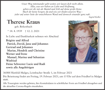 Traueranzeige von Therese Kraus von FZ