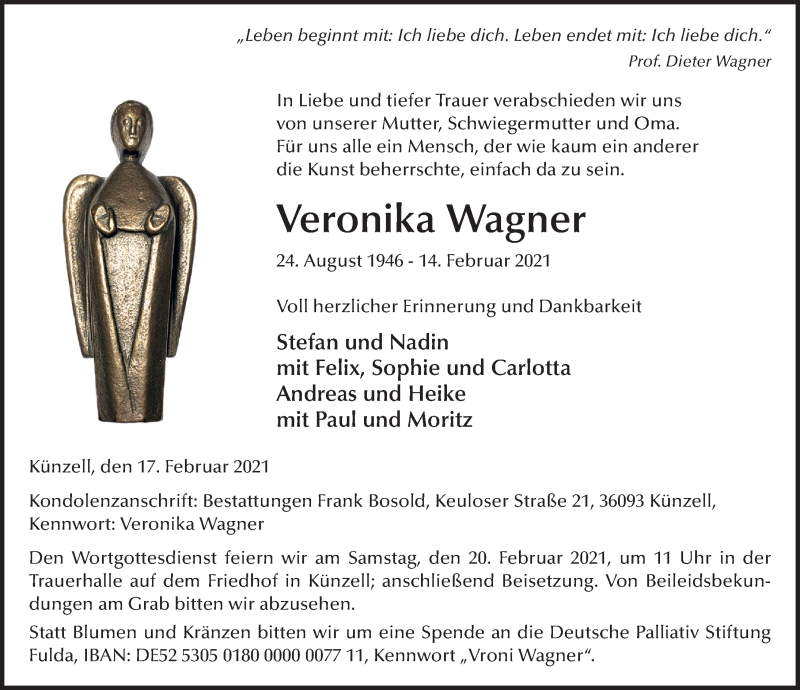  Traueranzeige für Veronika Wagner vom 17.02.2021 aus FZ