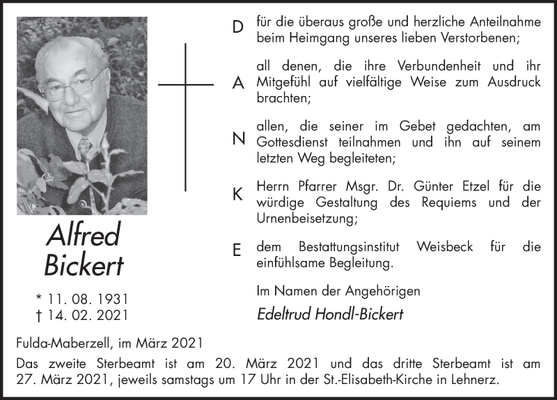  Traueranzeige für Alfred Bickert vom 17.03.2021 aus FZ