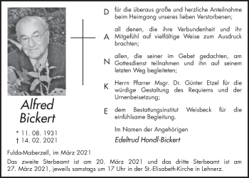 Traueranzeige von Alfred Bickert von FZ
