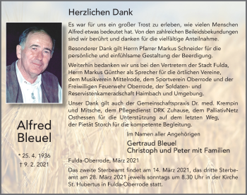 Traueranzeige von Alfred Bleuel von FZ