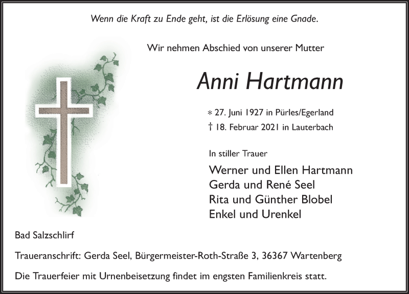  Traueranzeige für Anni Hartmann vom 27.02.2021 aus FZ