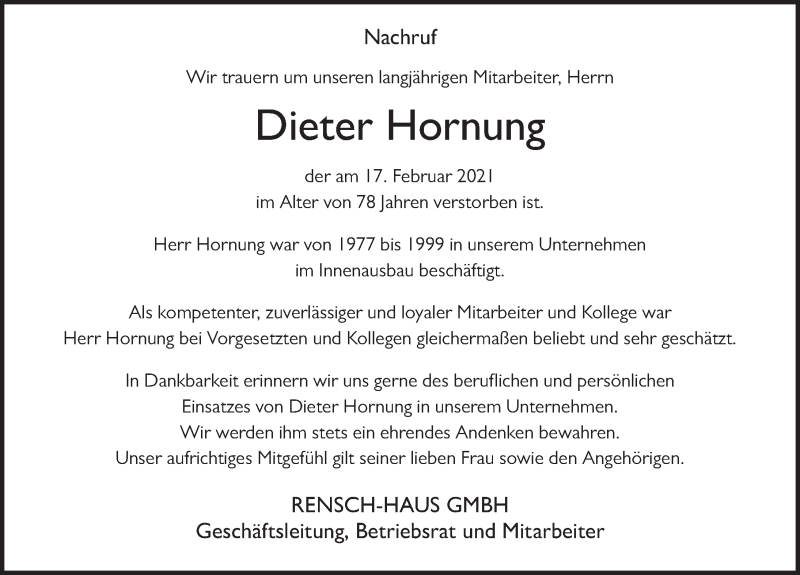  Traueranzeige für Dieter Hornung vom 09.03.2021 aus FZ