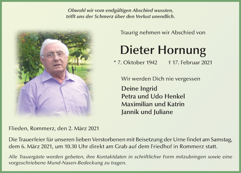  Traueranzeige für Dieter Hornung vom 02.03.2021 aus FZ