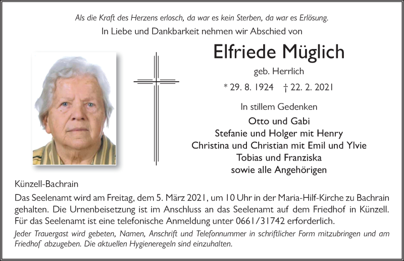  Traueranzeige für Elfriede Müglich vom 03.03.2021 aus FZ