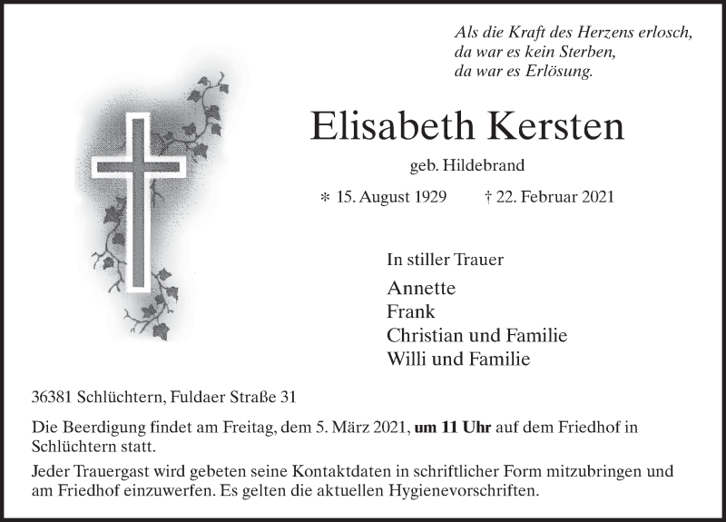  Traueranzeige für Elisabeth Kersten vom 27.02.2021 aus FZ