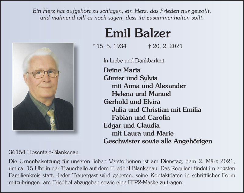  Traueranzeige für Emil Balzer vom 27.02.2021 aus FZ