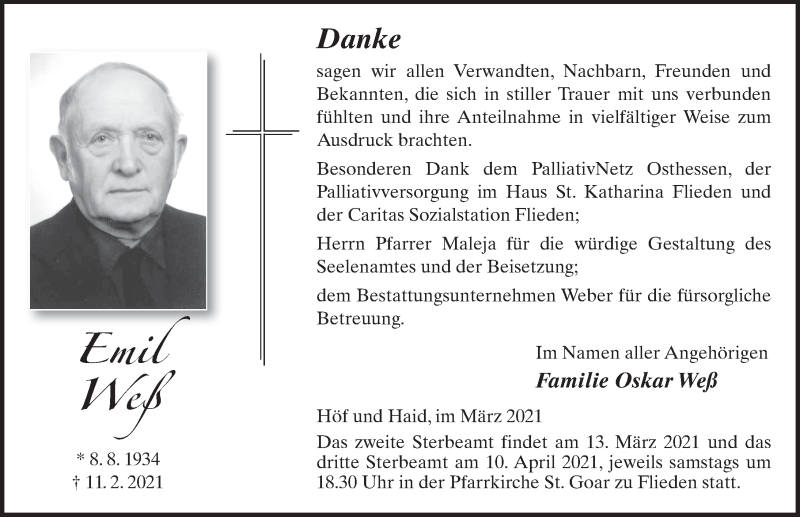  Traueranzeige für Emil Weß vom 06.03.2021 aus FZ