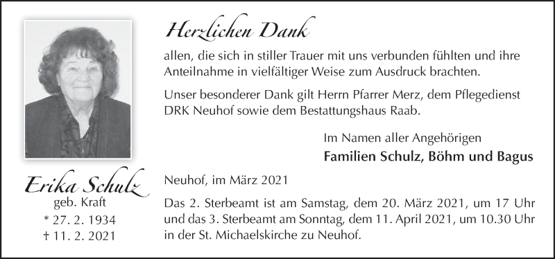  Traueranzeige für Erika Schulz vom 18.03.2021 aus FZ