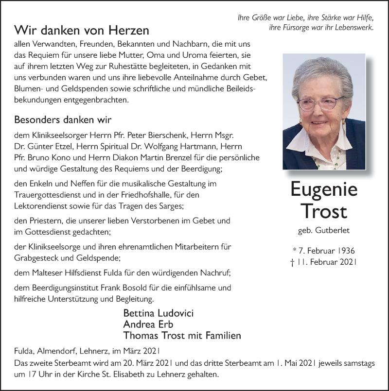  Traueranzeige für Eugenie Trost vom 13.03.2021 aus FZ