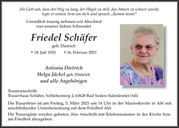 Traueranzeige von Friedel Schäfer von FZ