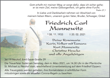Traueranzeige von Friedrich Carl Mannewitz von FZ