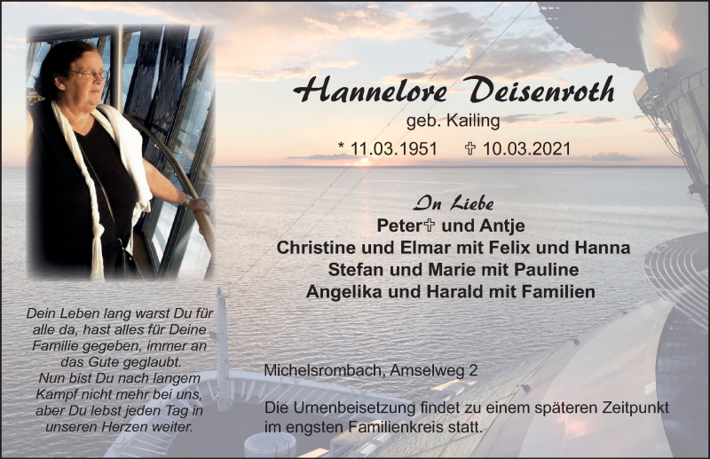  Traueranzeige für Hannelore Deisenroth vom 20.03.2021 aus FZ