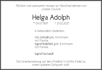 Traueranzeige von Helga Adolph von FZ