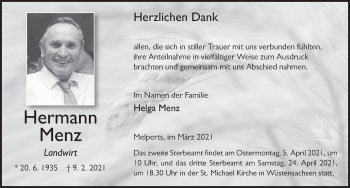 Traueranzeige von Hermann Menz von FZ