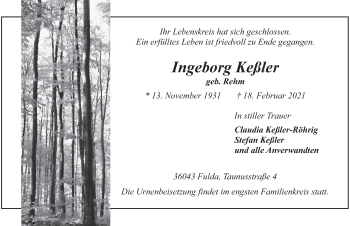 Traueranzeige von Ingeborg Keßler von FZ