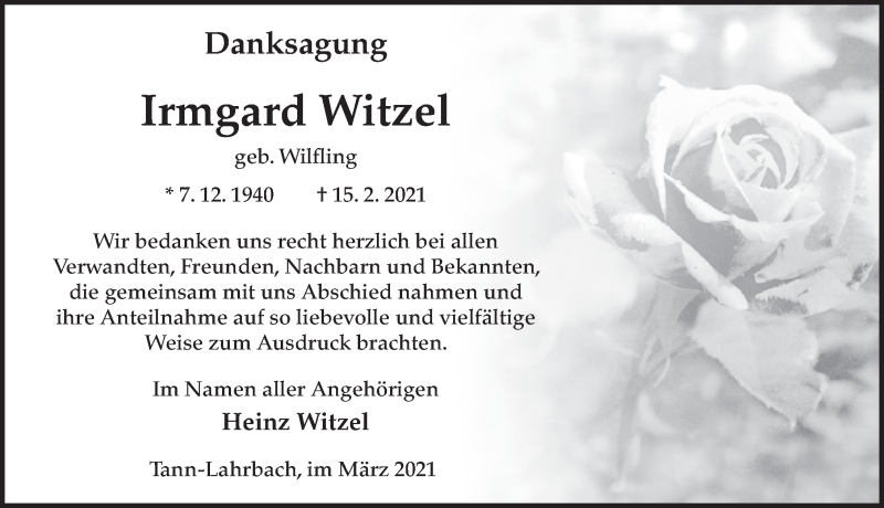  Traueranzeige für Irmgard Witzel vom 06.03.2021 aus FZ