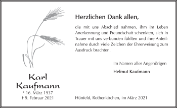 Traueranzeige von Karl Kaufmann von FZ