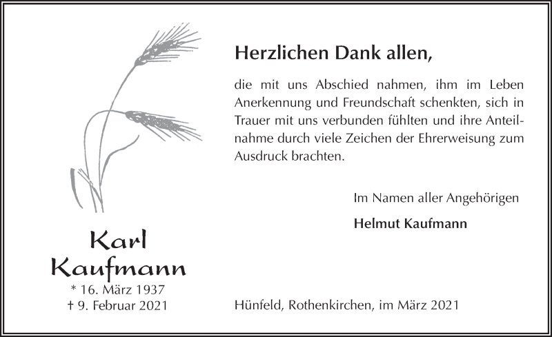  Traueranzeige für Karl Kaufmann vom 27.03.2021 aus FZ