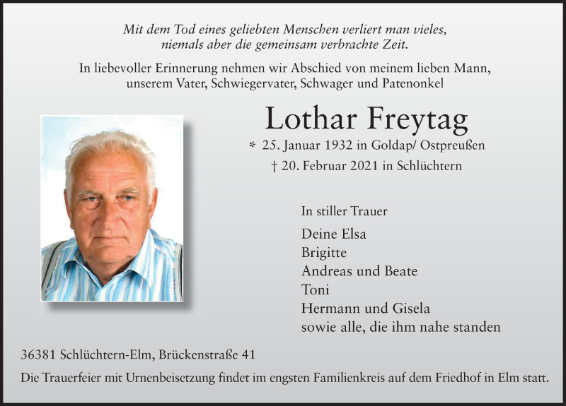  Traueranzeige für Lothar Freytag vom 01.03.2021 aus FZ