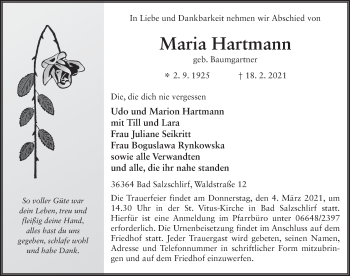 Traueranzeige von Maria Hartmann von FZ