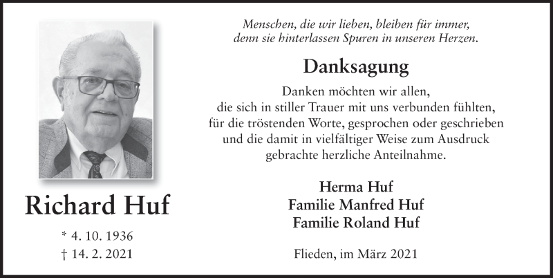  Traueranzeige für Richard Huf vom 05.03.2021 aus FZ