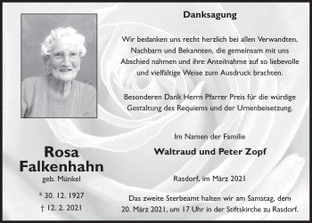 Traueranzeige von Rosa Falkenhahn von FZ