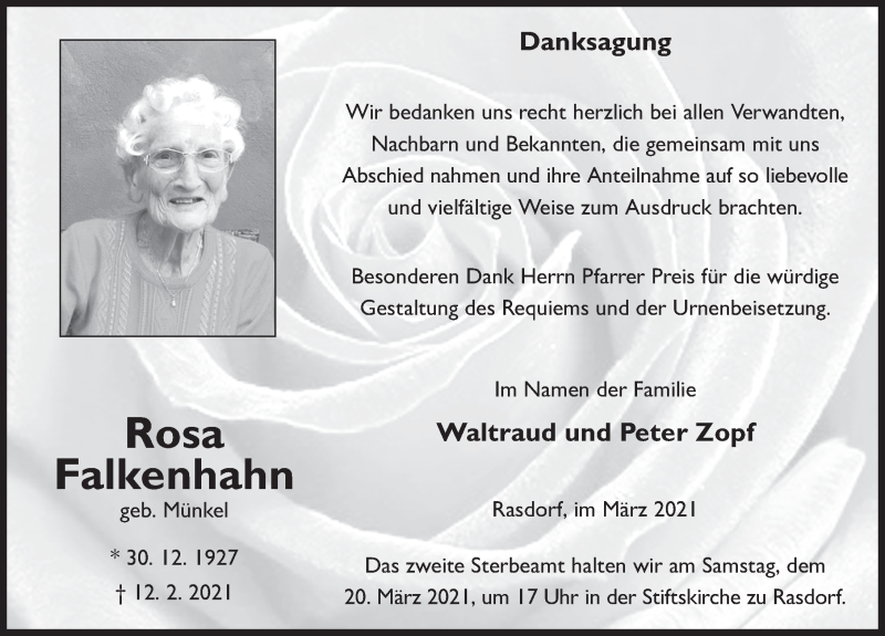  Traueranzeige für Rosa Falkenhahn vom 19.03.2021 aus FZ