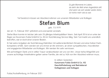 Traueranzeige von Stefan Blum von FZ