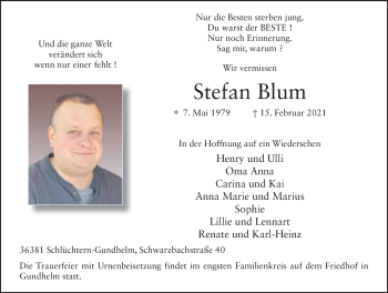 Traueranzeige von Stefan Blum von FZ