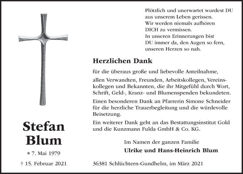  Traueranzeige für Stefan Blum vom 27.03.2021 aus FZ